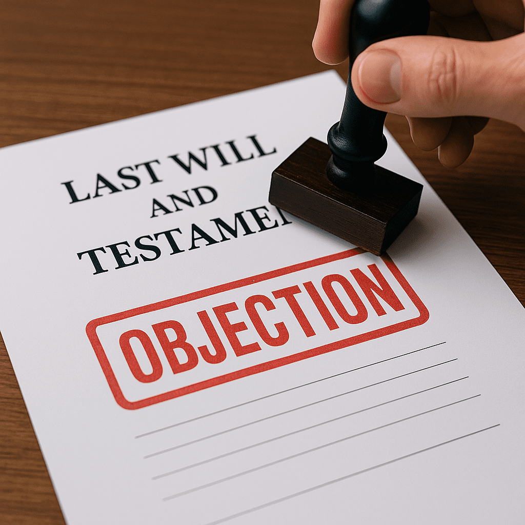 חותמת אדומה עם המילה OBJECTION על מסמך צוואה באנגלית, מונחת על שולחן עץ.