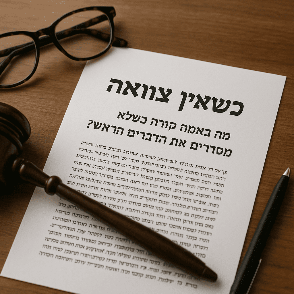מסמך מודפס עם כותרת ״כשאין צוואה״ מונח על שולחן עץ לצד עט, מסמל את החשיבות בעריכת צוואה מסודרת.