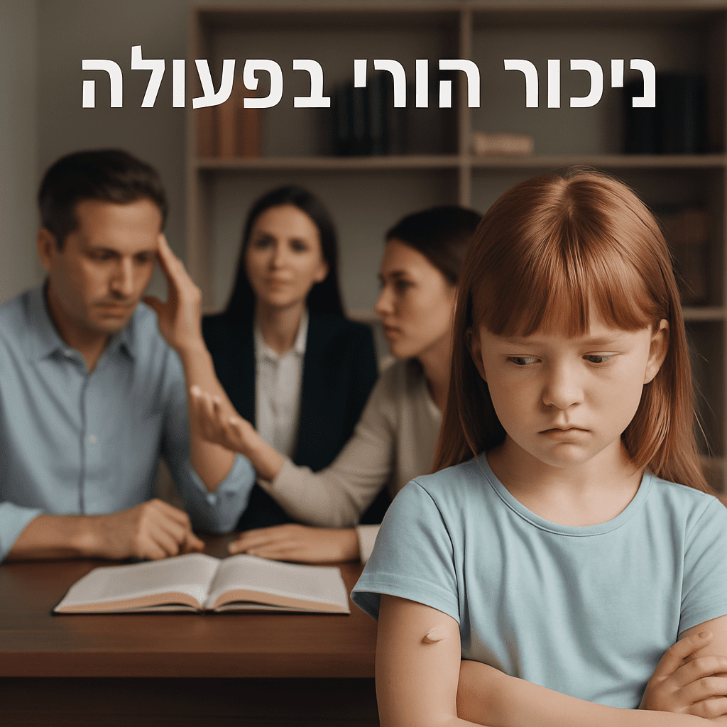 אבא צעיר מודאג מול מסמכים משפטיים, ניכור הורי וייצוג משפטי